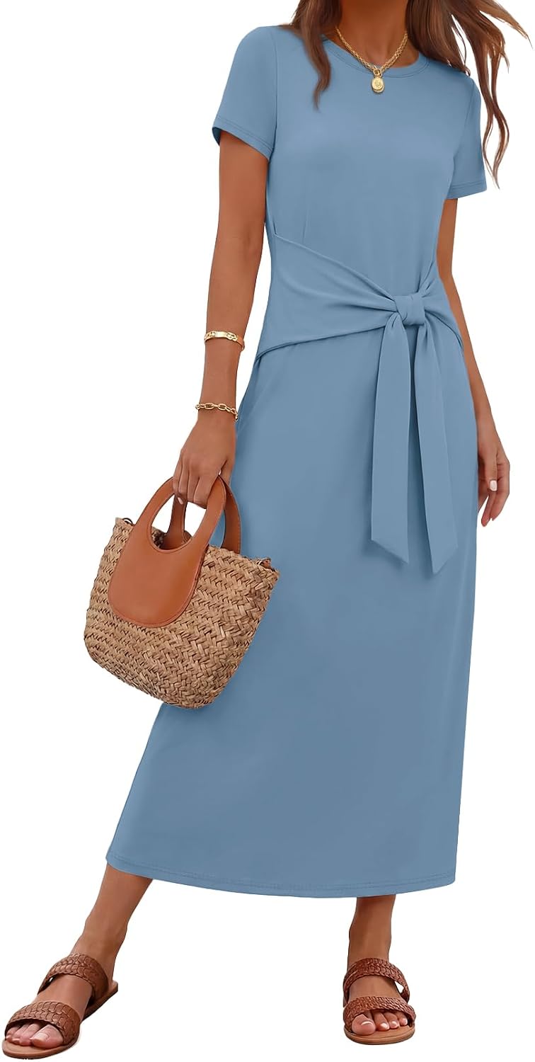 MEROKEETY Women's Summer T Shirt Casual Work Wrap Maxi Dresses | 2026 Fall, Tie Waist, Short Sleeve, Crew Neck, Business Casual, Beach Vacation, Slim Fit, High Waist, Elegant, Long Dress