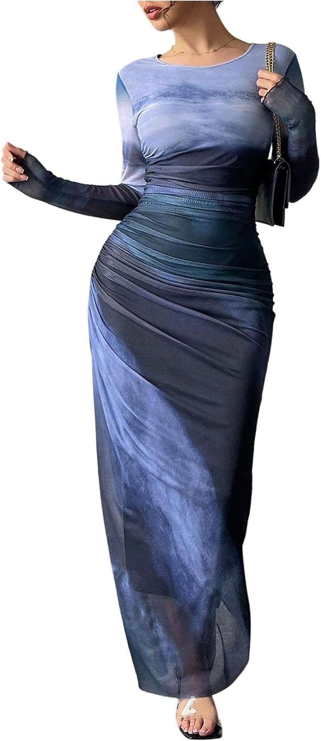 BEAUDRM Women's Fall Wedding Guest Dress Long Sleeve Cocktail Date Night Sexy Y2K Bodycon Ruched Mesh Formal Maxi Dresses