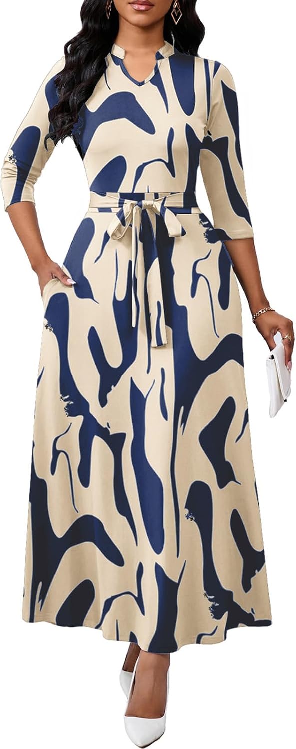 BubFee Maxi Dresses for Women Semi Formal Long Dress 3\/4 Sleeve Casual A-line Church Dresses with Pockets