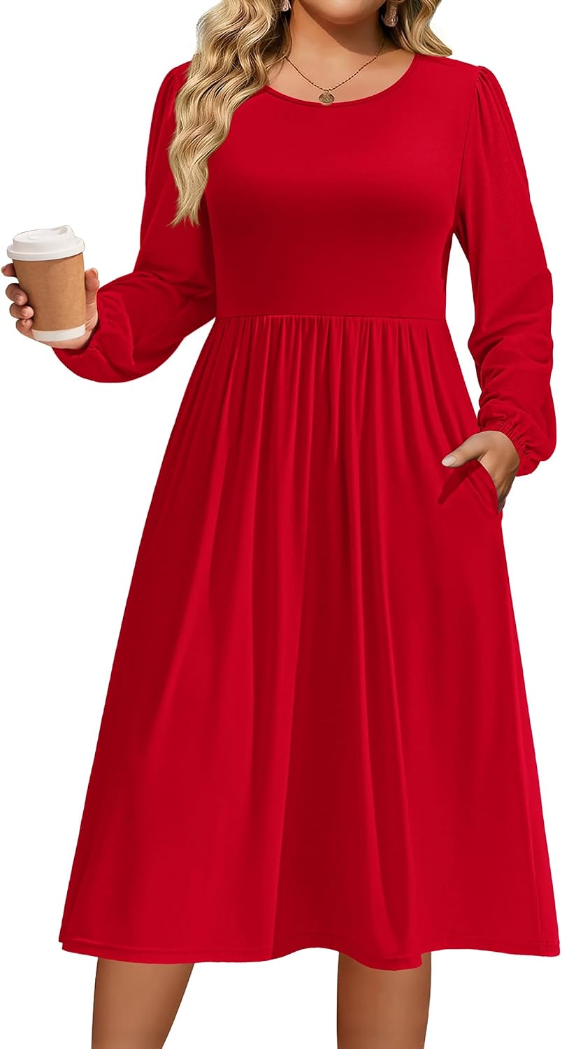 IN'VOLAND Plus Size Fall Dresses Women Long Sleeve Midi Casual Pocket Dress | Breathable Material, Crewneck A-Line Dresses, Loose Fit, Fall Fashion 2026