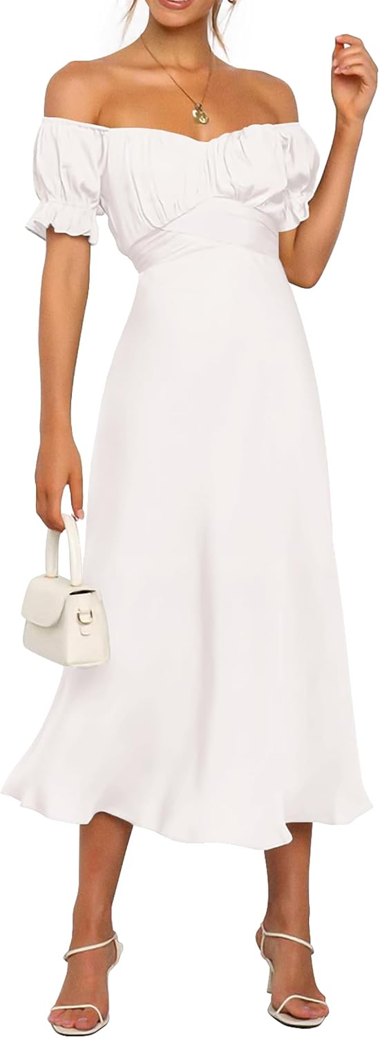 KIRUNDO Women's Satin Summer Wedding Guest Cocktail Dress | 2026 Spring Fall Party Midi Dress, Silky, Elegant Off Shoulder Short Sleeve, Ruffle Mermaid Hem, Wrap Prom Formal Outfits