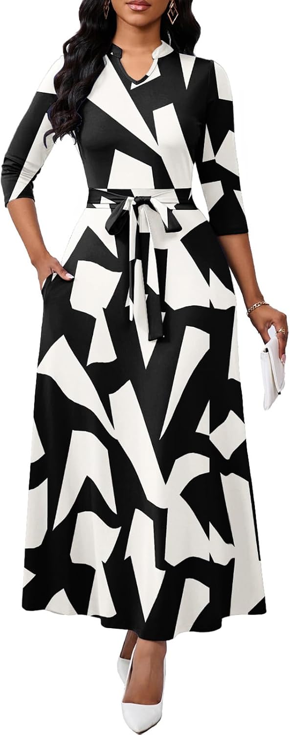 BubFee Maxi Dresses for Women Semi Formal Long Dress 3\/4 Sleeve Casual A-line Church Dresses with Pockets