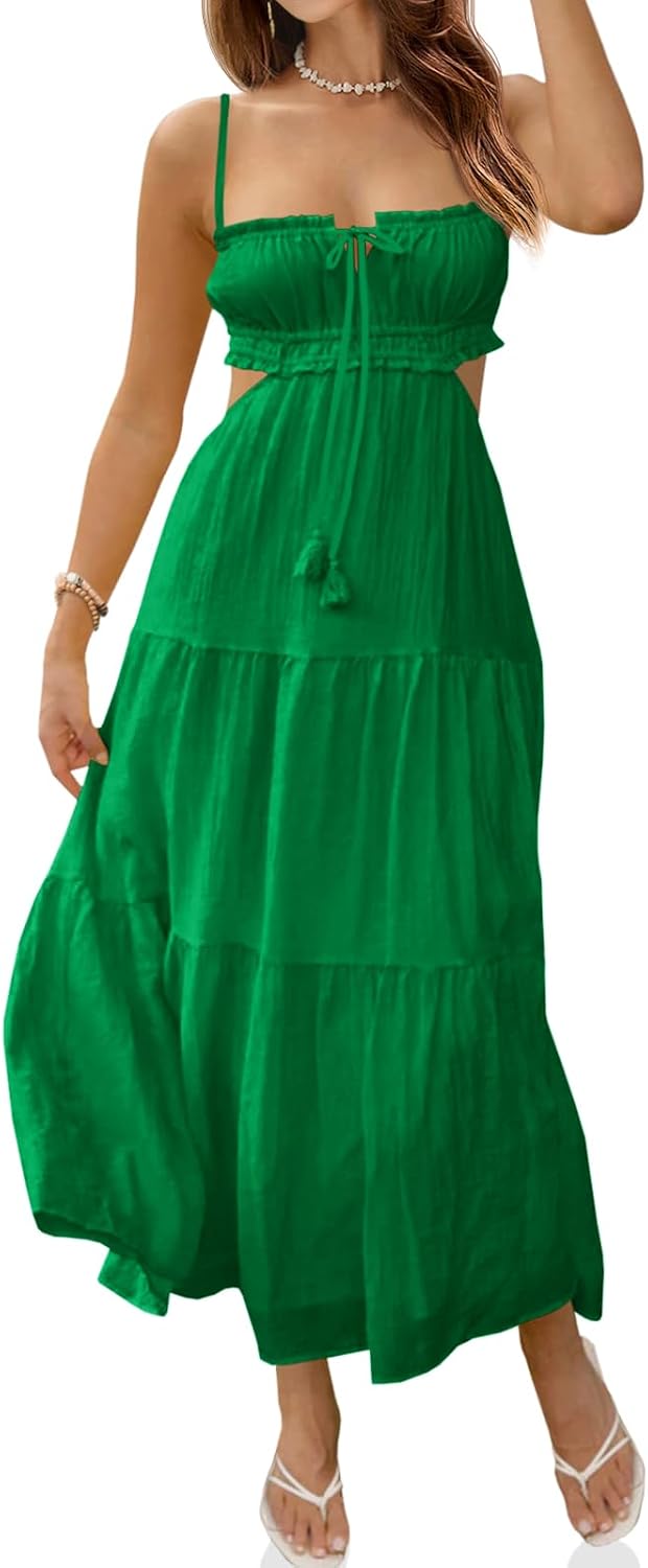 Fisoew Women's Spaghetti Strap Maxi Dress Summer Backless Cut Out Dresses | Flowy Long Dress,Adjustable Straps,Sexy Look,Sundresses,Casual,Vacation,Beach,Picnic,Date,Travel,Cruise,Breathable Fabric