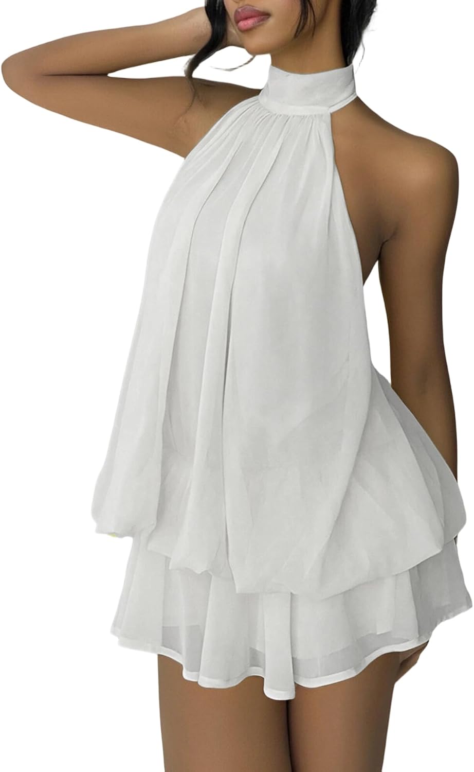 SHINFY Women's Chiffon Halter Flowy Ruffle Backless Birthday Mini Dress | Summer Cute Comfy Drop Waist Layered Going Out Dress Cocktail Wedding Guest Beach Vacation Brunch Dresses
