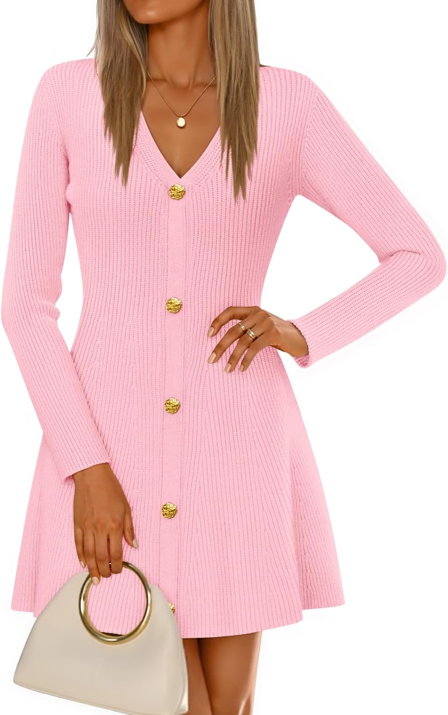 ZESICA Women's Fall Winter Long Sleeve V Neck Sweater Mini Dress | A Line Swing, Soft Ribbed Knit, Deco Button, Cocktail Party Short Dresses, Casual, Work, Office Outfits, Elegant Classy