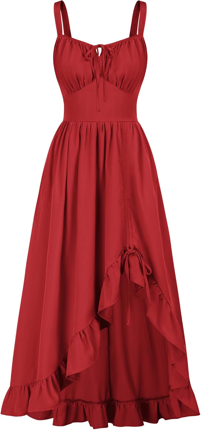 Scarlet Darkness Women Renaissance Corset Dress Flowy Gothic Sundress | Sleeveless Milkmaid Costume, Smocked Back, High-low Ruffle Hem, with Pockets, for Homecoming Ren Faire Pirate Halloween Boho