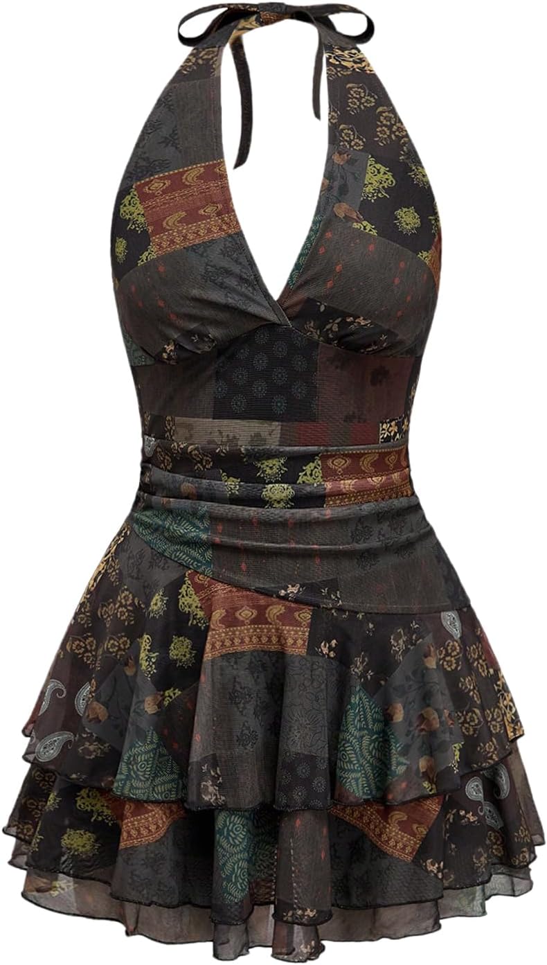 SOLY HUX Women's Halter Mini Dresses Y2k Western Dress Festival Rave Outfit | Deep V Neck Backless Sundress with Shorts, Flowy, Country Concert Outfits