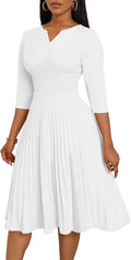 CLOCOR Pleated Midi Dress 3\/4 Sleeve Empire Waist Church Dress with Pockets | V neck back zipper A line fit and flare elegant dress\/ cocktail tea party wedding guest casual bussiness work office dress