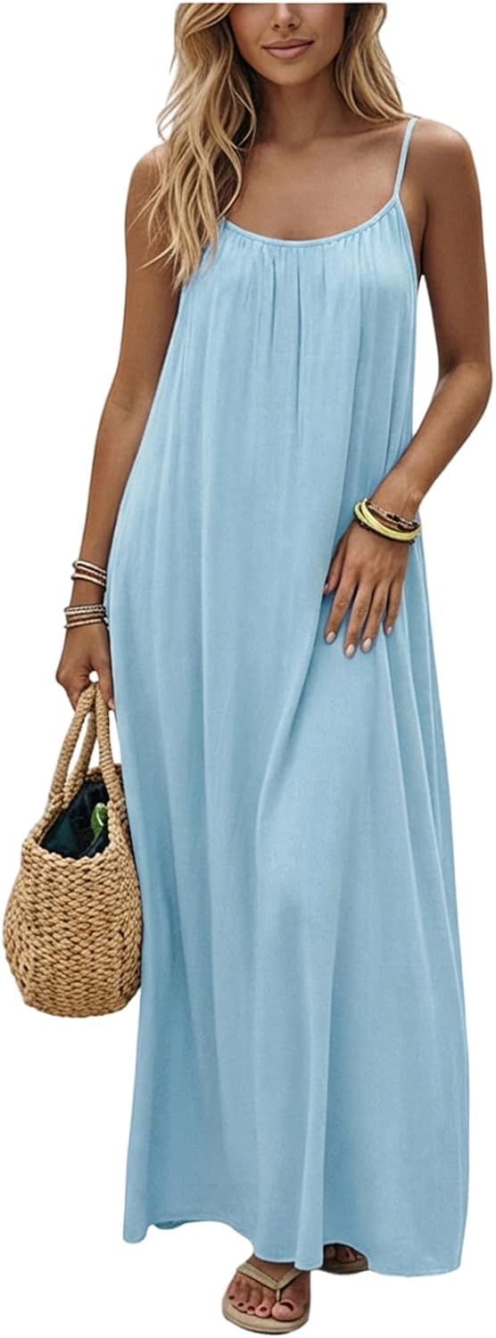 SHENHE Women's Open Back Spaghetti Strap Backless Maxi Dress Flowy Sundress | Backless Maxi Dress,Backless Cami Dress,Linen Dress.Cami Lounge Dress, House Dress