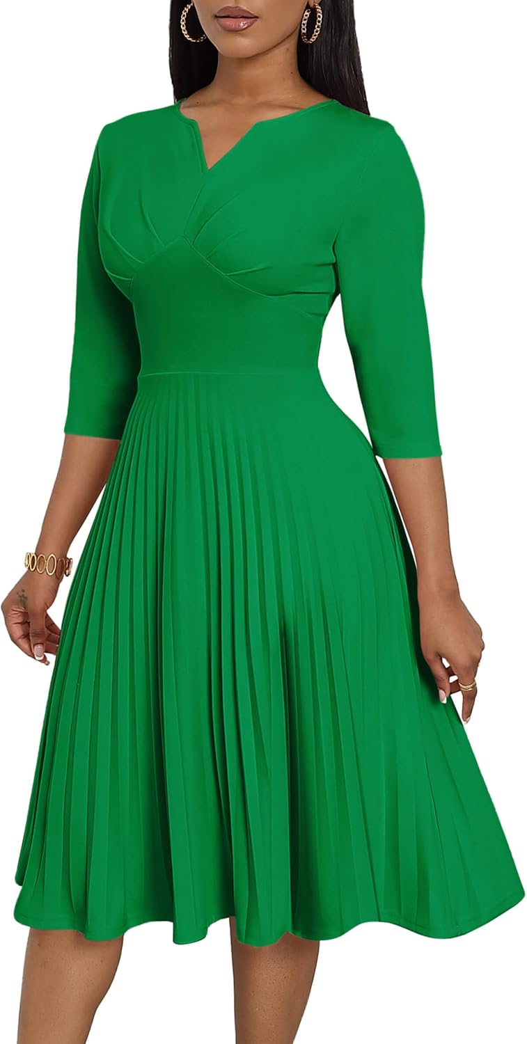CLOCOR Pleated Midi Dress 3\/4 Sleeve Empire Waist Church Dress with Pockets | V neck back zipper A line fit and flare elegant dress\/ cocktail tea party wedding guest casual bussiness work office dress
