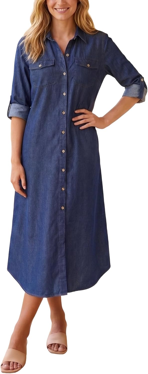 Kuraki Women's Casual Print Button Front Maxi Shirt Dress