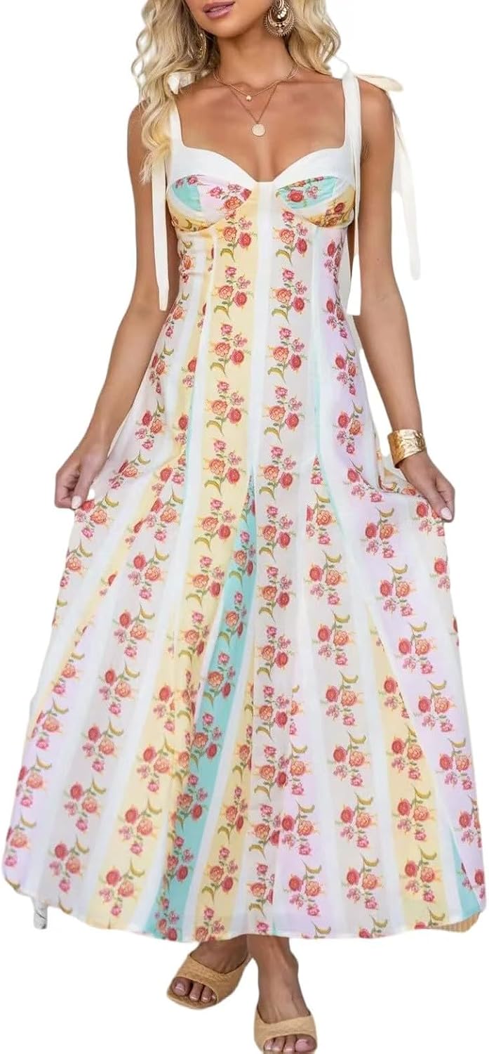 Weafmlia Women's Boho Print Dress Sleeveless Backless Halter High Waist A Line Vacation Beach Long Dress