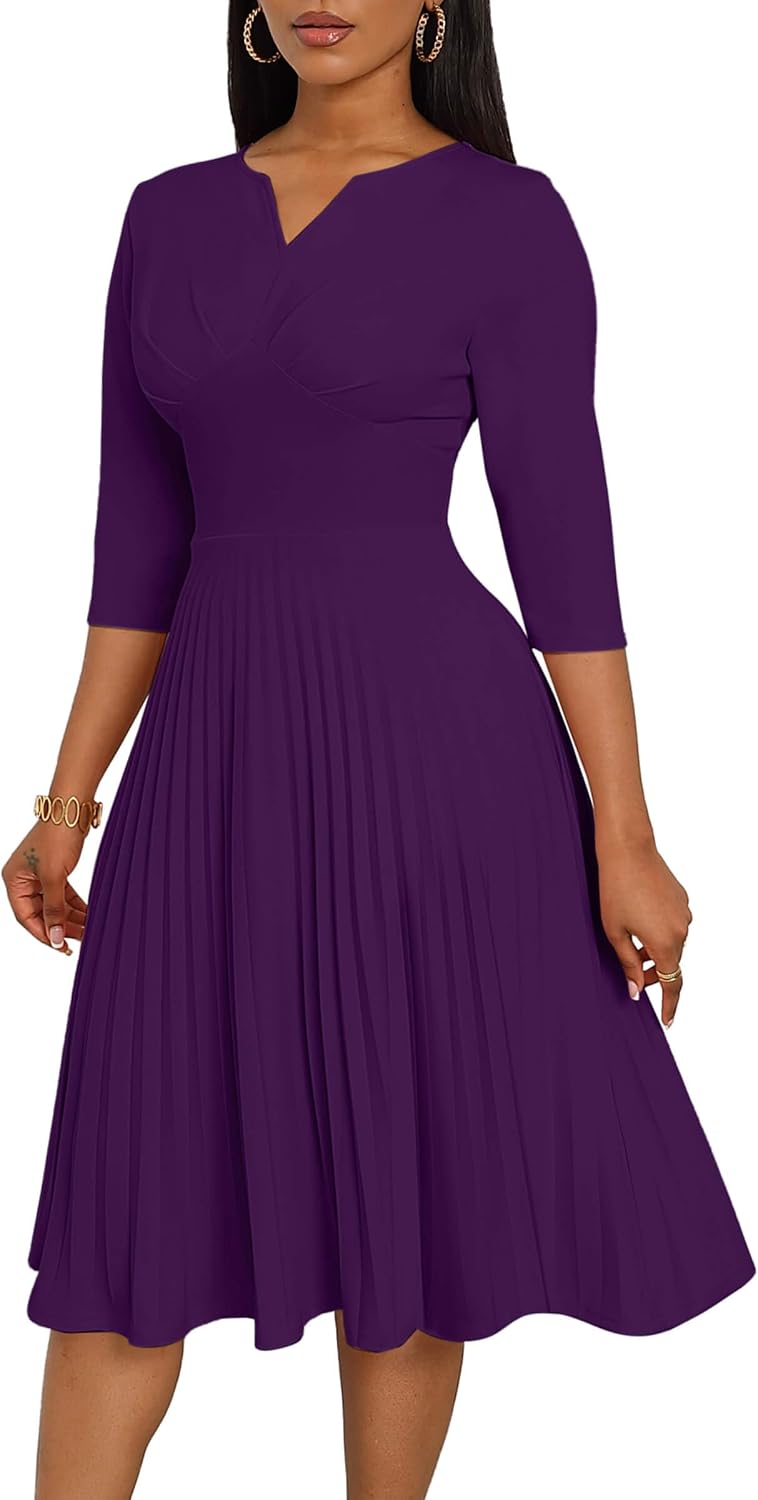 CLOCOR Pleated Midi Dress 3\/4 Sleeve Empire Waist Church Dress with Pockets | V neck back zipper A line fit and flare elegant dress\/ cocktail tea party wedding guest casual bussiness work office dress
