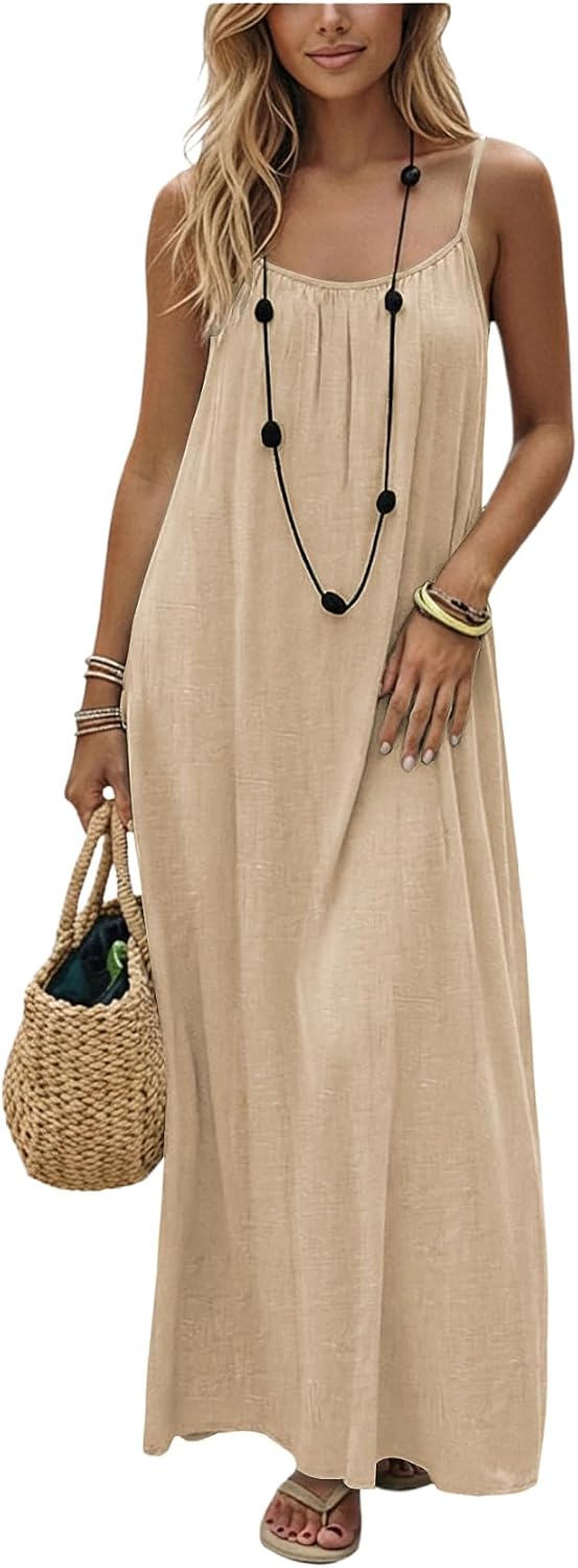 SHENHE Women's Open Back Spaghetti Strap Backless Maxi Dress Flowy Sundress | Backless Maxi Dress,Backless Cami Dress,Linen Dress.Cami Lounge Dress, House Dress
