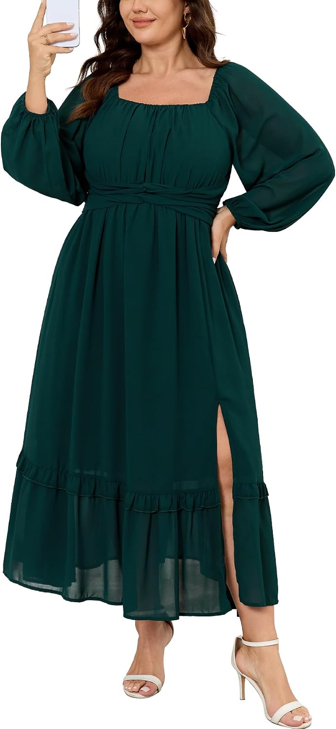 SCOMCHIC Women's Plus Size Fall Floral Wedding Guest Cocktail Maxi Dress | Square Neck, Long Sleeve, Smocked Back, Fit & Flare, Ruffle Hem A-Line, Side Slit, Long Chiffon Dress, Elegant Holiday Party