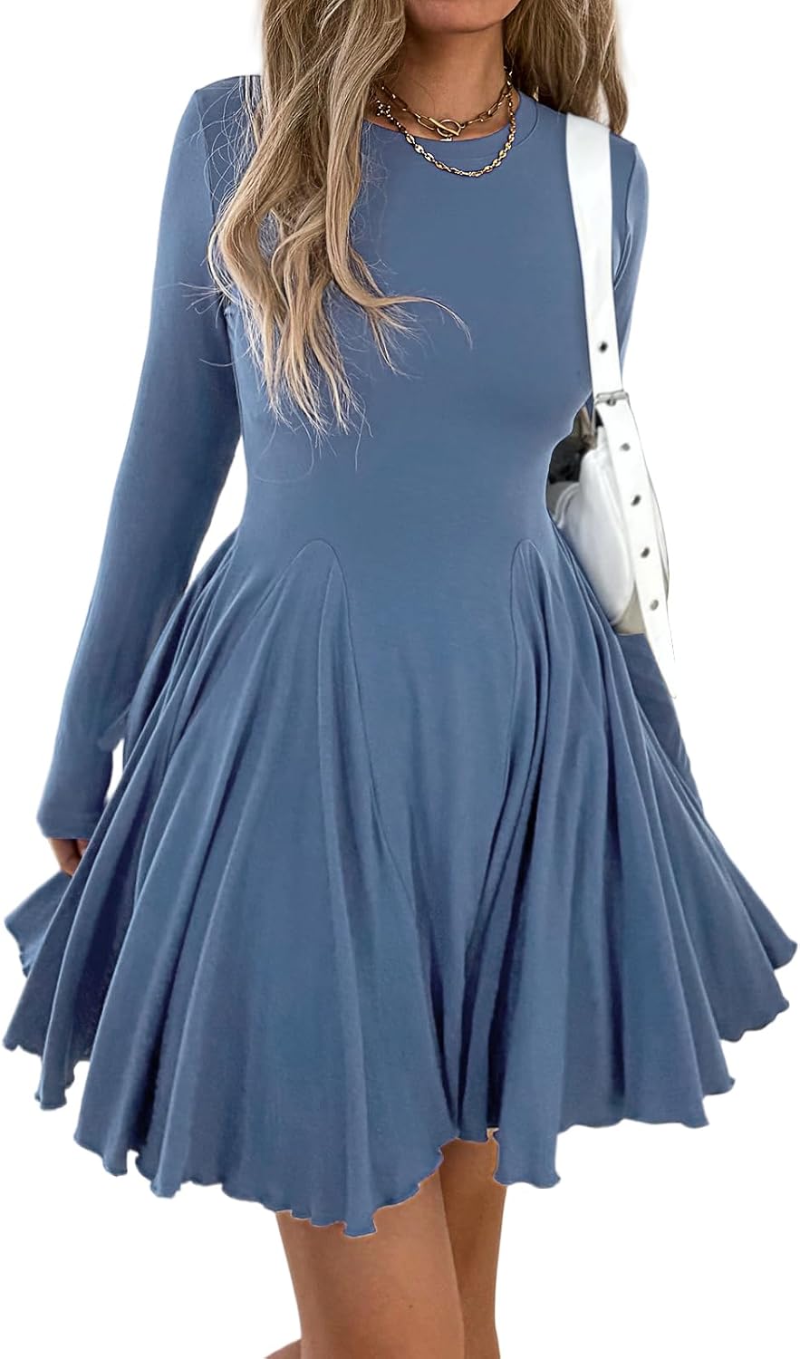 Mieazom Women\u2019s Long Sleeve Casual Swing Dress \u2013 A-Line Fit and Flare Skater Dress, Stretchy Mini Dress for Fall Winter