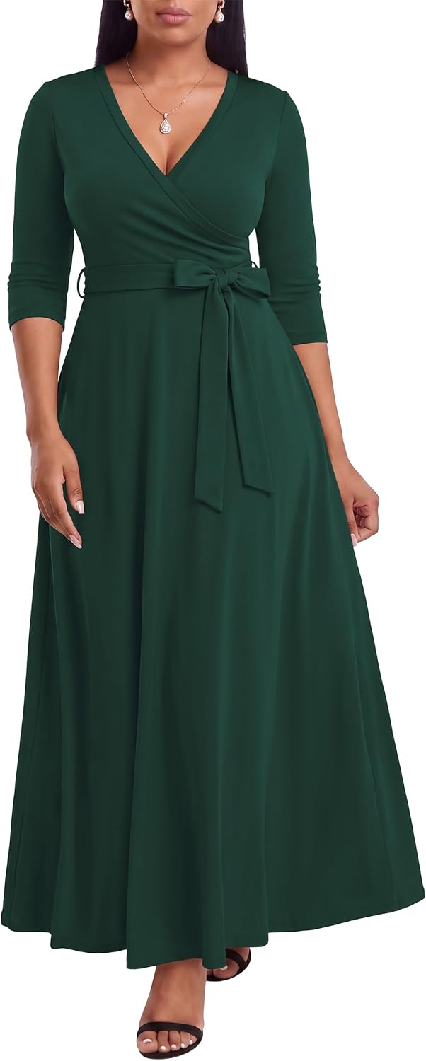 FANDEE Plus Size Maxi Dress for Women - Summer Long Dresses Casual | Women's Curvy Fit Long Dress, Semi\u2011Formal Print Fitted Wrap Dress with Pockets & Belt, 3\/4-Sleeve V-Neck