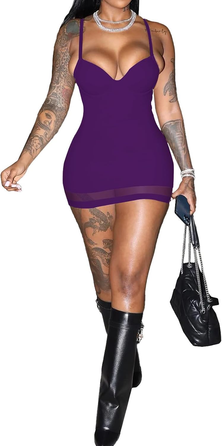 Sexy Bodycon Mini Dress for Women Club Party Night Out | Sweetheart Neck Spaghetti Strap Mesh Hem Short Dresses with Built in Bra