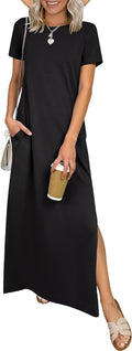 ANRABESS Womens Summer Maxi Dresses Wrinkle Free with Pockets | Air Layer Fabric, Short Sleeve Casual Travel Beach Vacation Long Dress, Crewneck Split, Comfort Work All-Day Wear Sundress