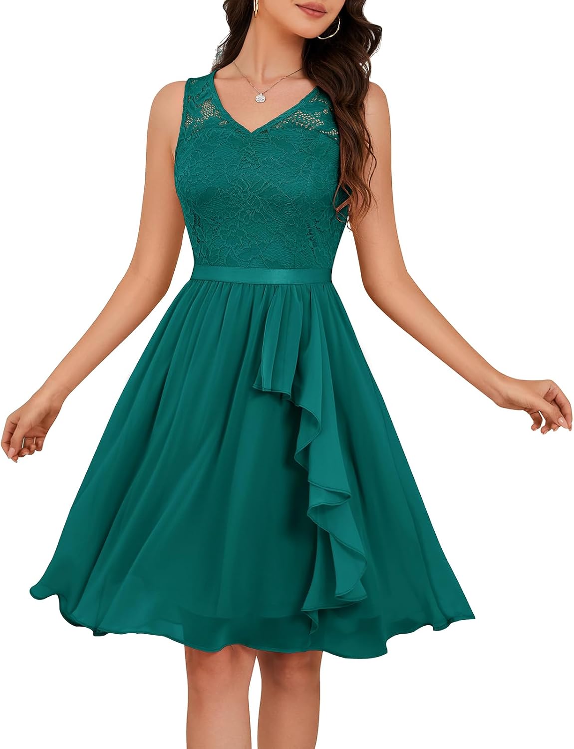 Meetjen Women's Lace Cocktail Party Dresses 2026 Formal Wedding Guest | Handkerchief Hem, V-Neck, Sleeveless, Midi, Fancy, Bridesmaid, Modest, Homecoming Dress