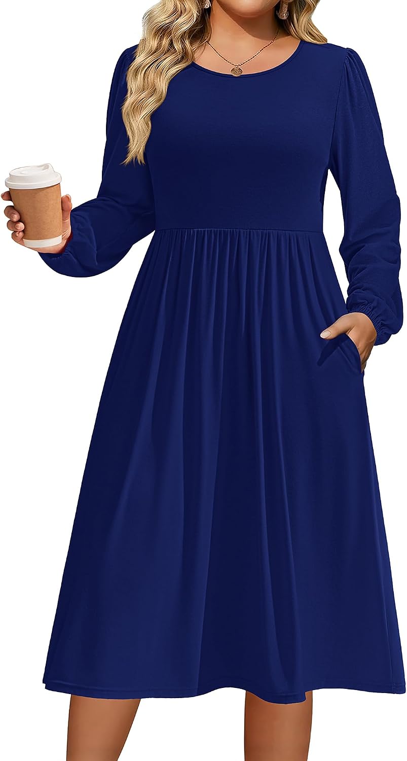 IN'VOLAND Plus Size Fall Dresses Women Long Sleeve Midi Casual Pocket Dress | Breathable Material, Crewneck A-Line Dresses, Loose Fit, Fall Fashion 2026