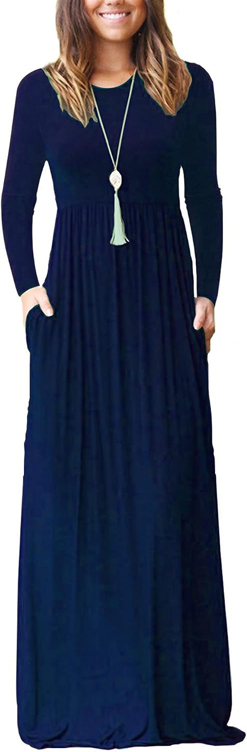 AUSELILY Womens Long Sleeve Maxi Dress Casual Empire Waist with Pockets | Versatile year round long dress for spring, fall, winter, available in floral prints and solids