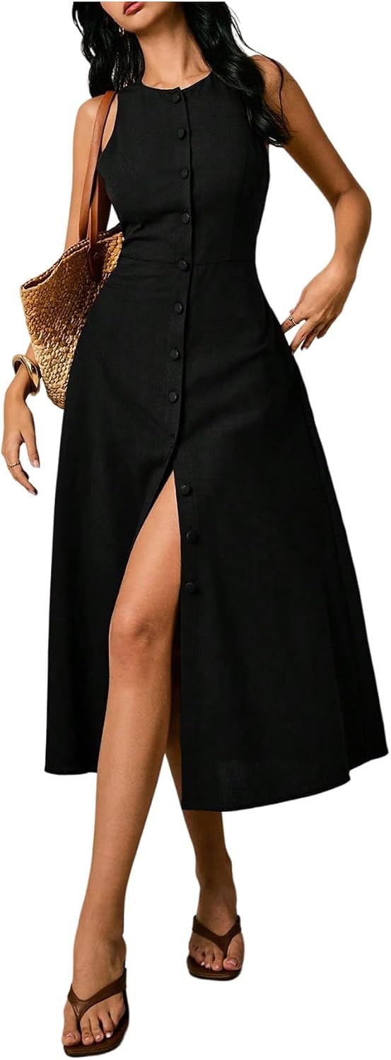 WDIRARA Women's Button Down Sleeveless Linen Midi Dress | Crew Neck, Tie Back, with Pockets, Vintage 60s, Office Work Dress