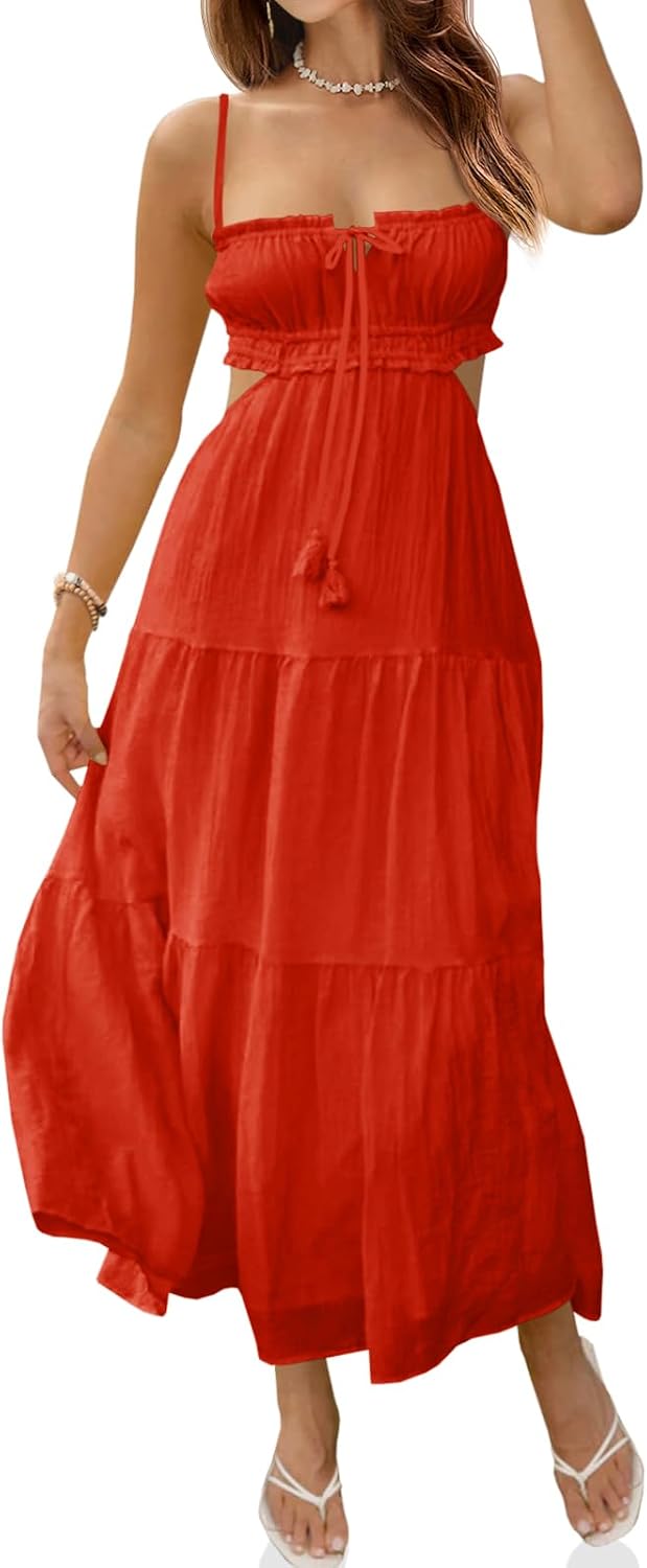 Fisoew Women's Spaghetti Strap Maxi Dress Summer Backless Cut Out Dresses | Flowy Long Dress,Adjustable Straps,Sexy Look,Sundresses,Casual,Vacation,Beach,Picnic,Date,Travel,Cruise,Breathable Fabric