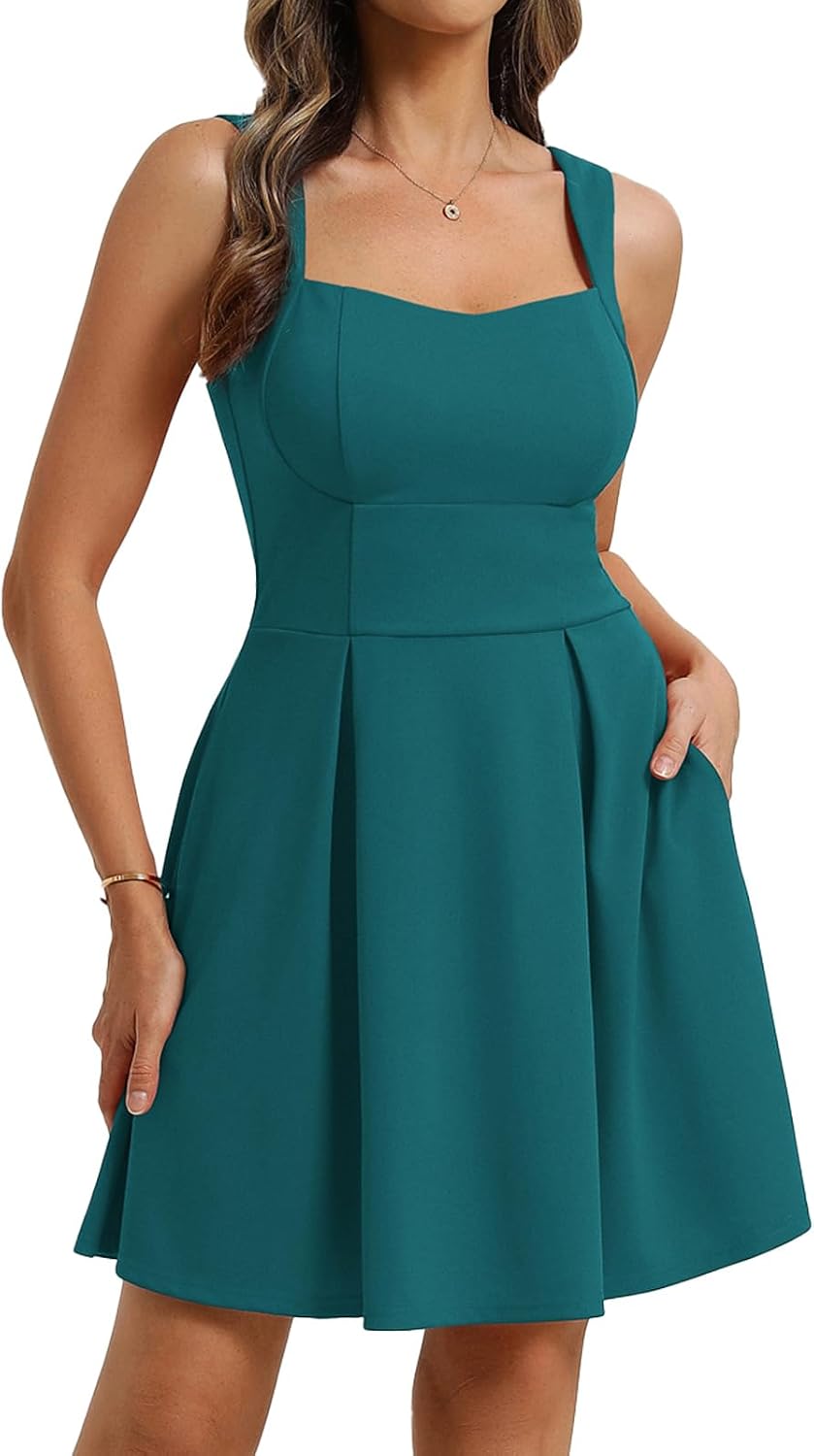 Belle Poque Women's Square Neck A Line Mini Dress with Pockets | Short Cocktail Homecoming Dresses, Semi Formal, Sleeveless, Adjustable Straps, Party, Club, Hoco, Grad, Graduation Dress