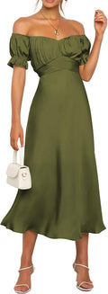 KIRUNDO Women's Satin Summer Wedding Guest Cocktail Dress | 2026 Spring Fall Party Midi Dress, Silky, Elegant Off Shoulder Short Sleeve, Ruffle Mermaid Hem, Wrap Prom Formal Outfits