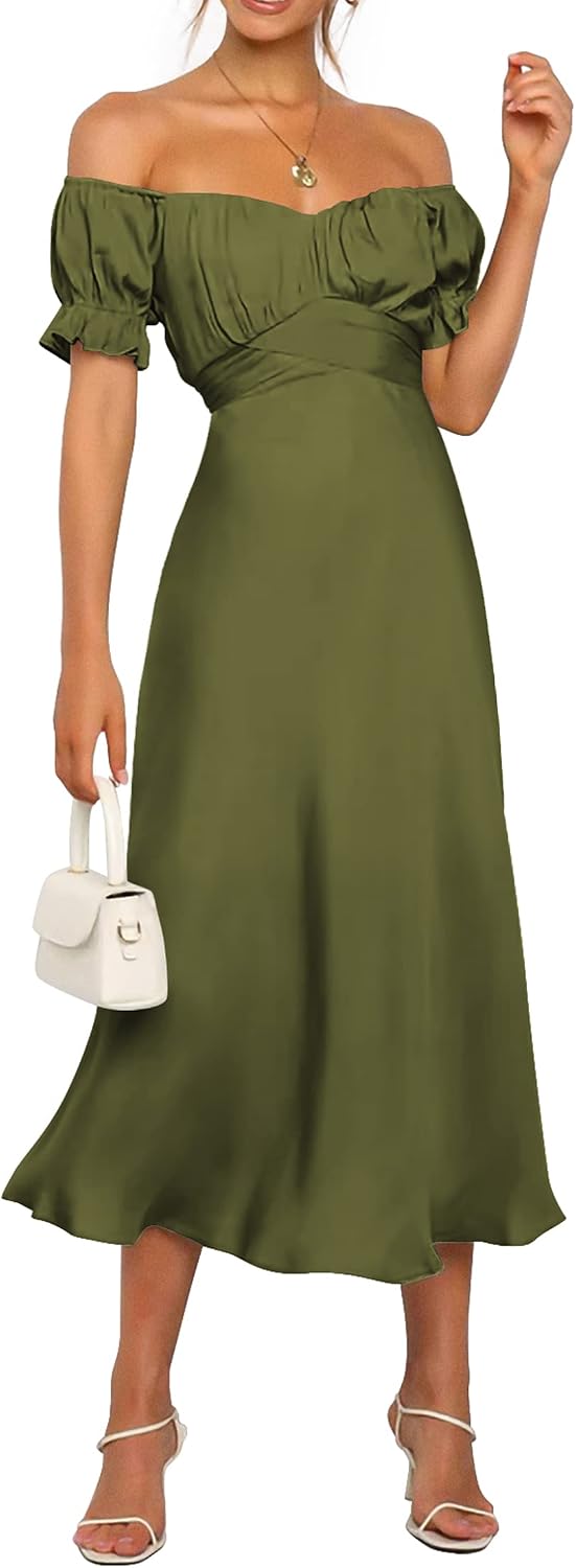 KIRUNDO Women's Satin Summer Wedding Guest Cocktail Dress | 2026 Spring Fall Party Midi Dress, Silky, Elegant Off Shoulder Short Sleeve, Ruffle Mermaid Hem, Wrap Prom Formal Outfits