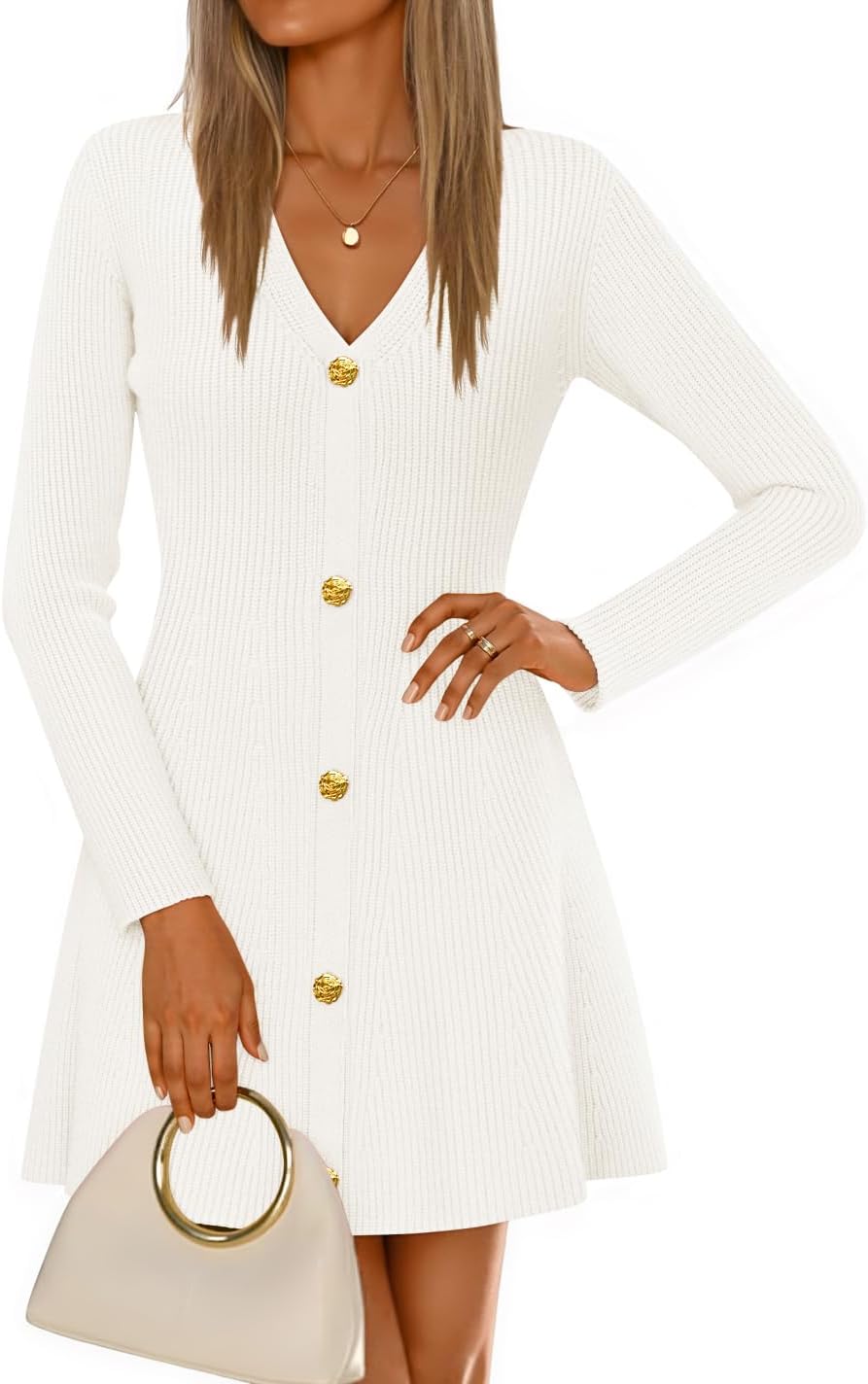 ZESICA Women's Fall Winter Long Sleeve V Neck Sweater Mini Dress | A Line Swing, Soft Ribbed Knit, Deco Button, Cocktail Party Short Dresses, Casual, Work, Office Outfits, Elegant Classy