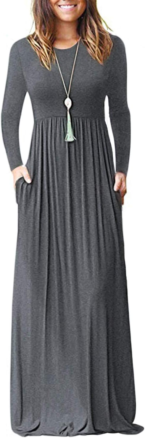 AUSELILY Womens Long Sleeve Maxi Dress Casual Empire Waist with Pockets | Versatile year round long dress for spring, fall, winter, available in floral prints and solids