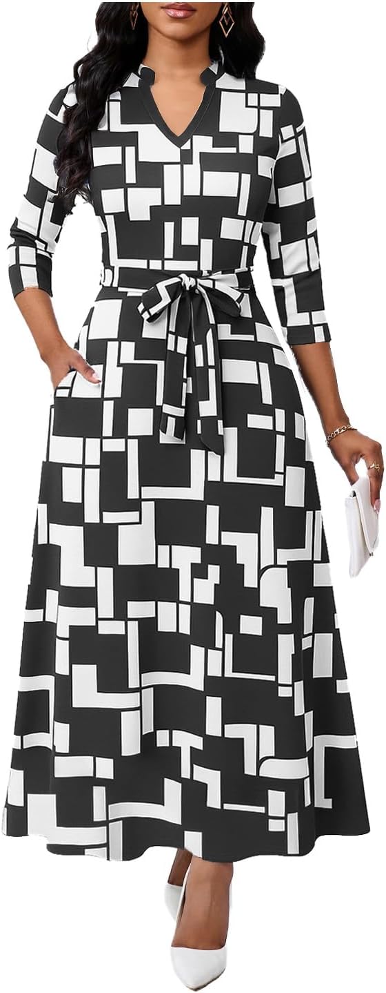BubFee Maxi Dresses for Women Semi Formal Long Dress 3\/4 Sleeve Casual A-line Church Dresses with Pockets