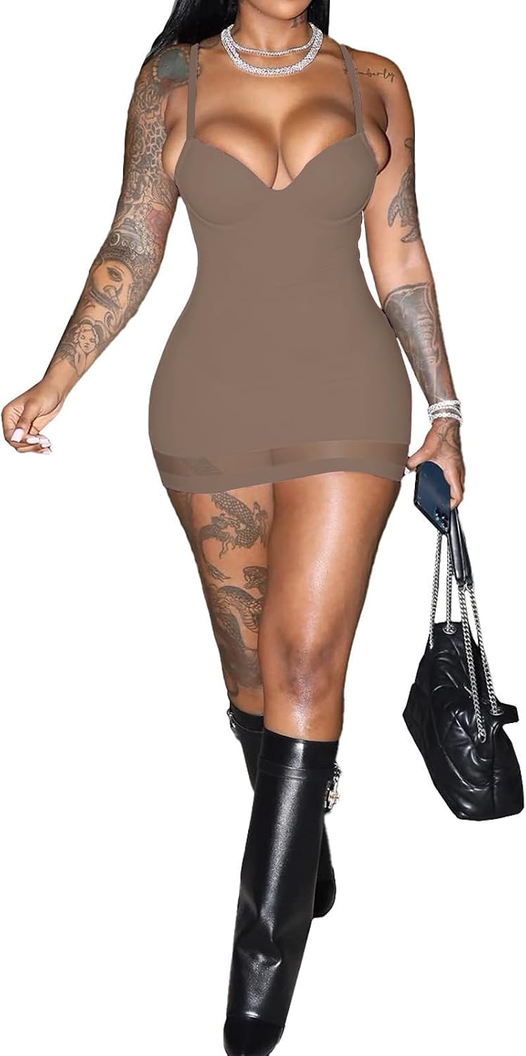 Sexy Bodycon Mini Dress for Women Club Party Night Out | Sweetheart Neck Spaghetti Strap Mesh Hem Short Dresses with Built in Bra