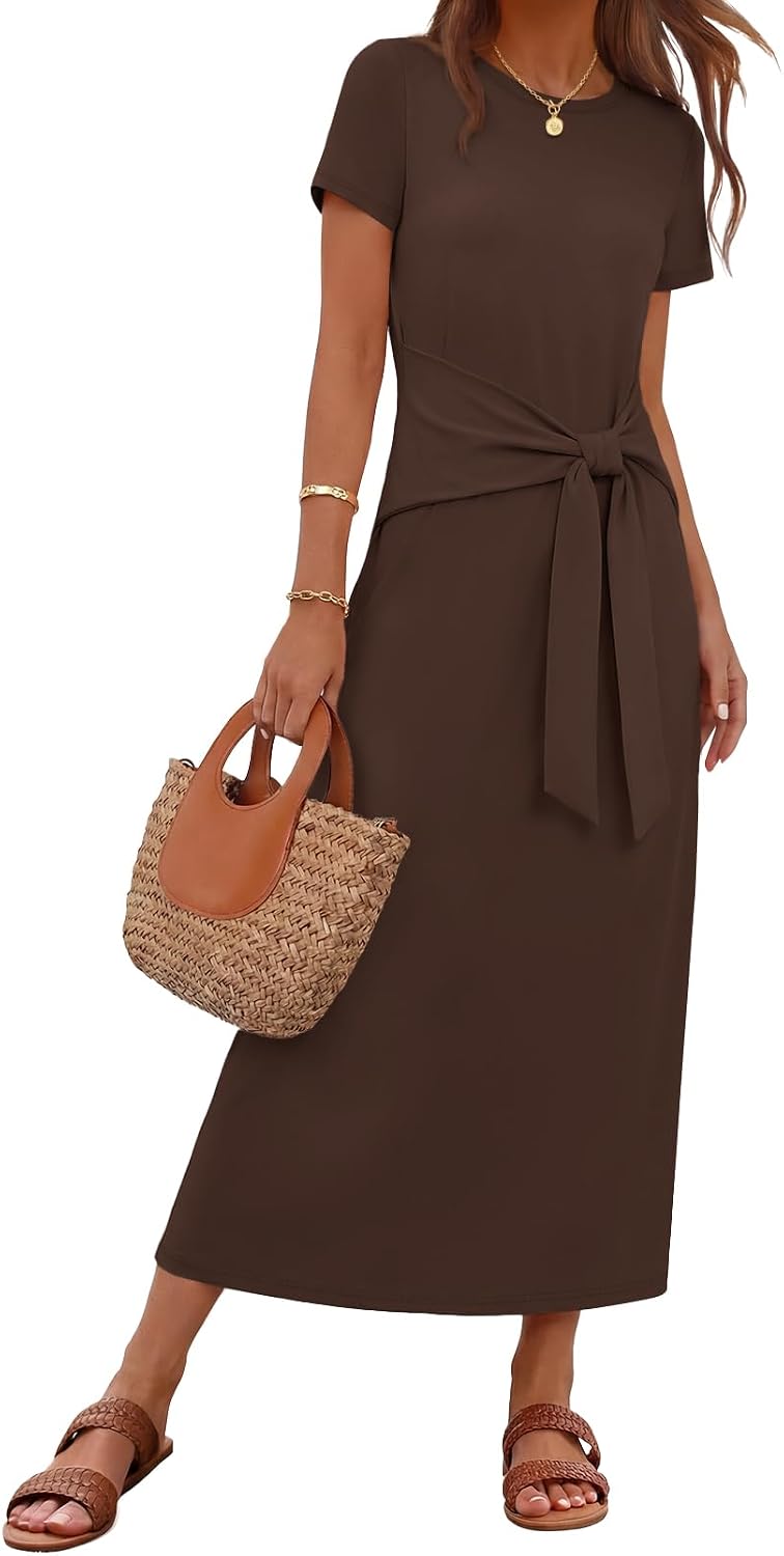 MEROKEETY Women's Summer T Shirt Casual Work Wrap Maxi Dresses | 2026 Fall, Tie Waist, Short Sleeve, Crew Neck, Business Casual, Beach Vacation, Slim Fit, High Waist, Elegant, Long Dress