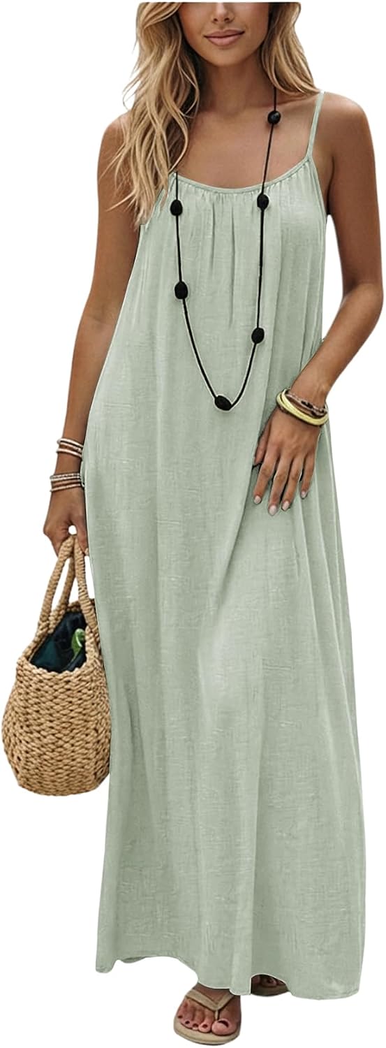 SHENHE Women's Open Back Spaghetti Strap Backless Maxi Dress Flowy Sundress | Backless Maxi Dress,Backless Cami Dress,Linen Dress.Cami Lounge Dress, House Dress
