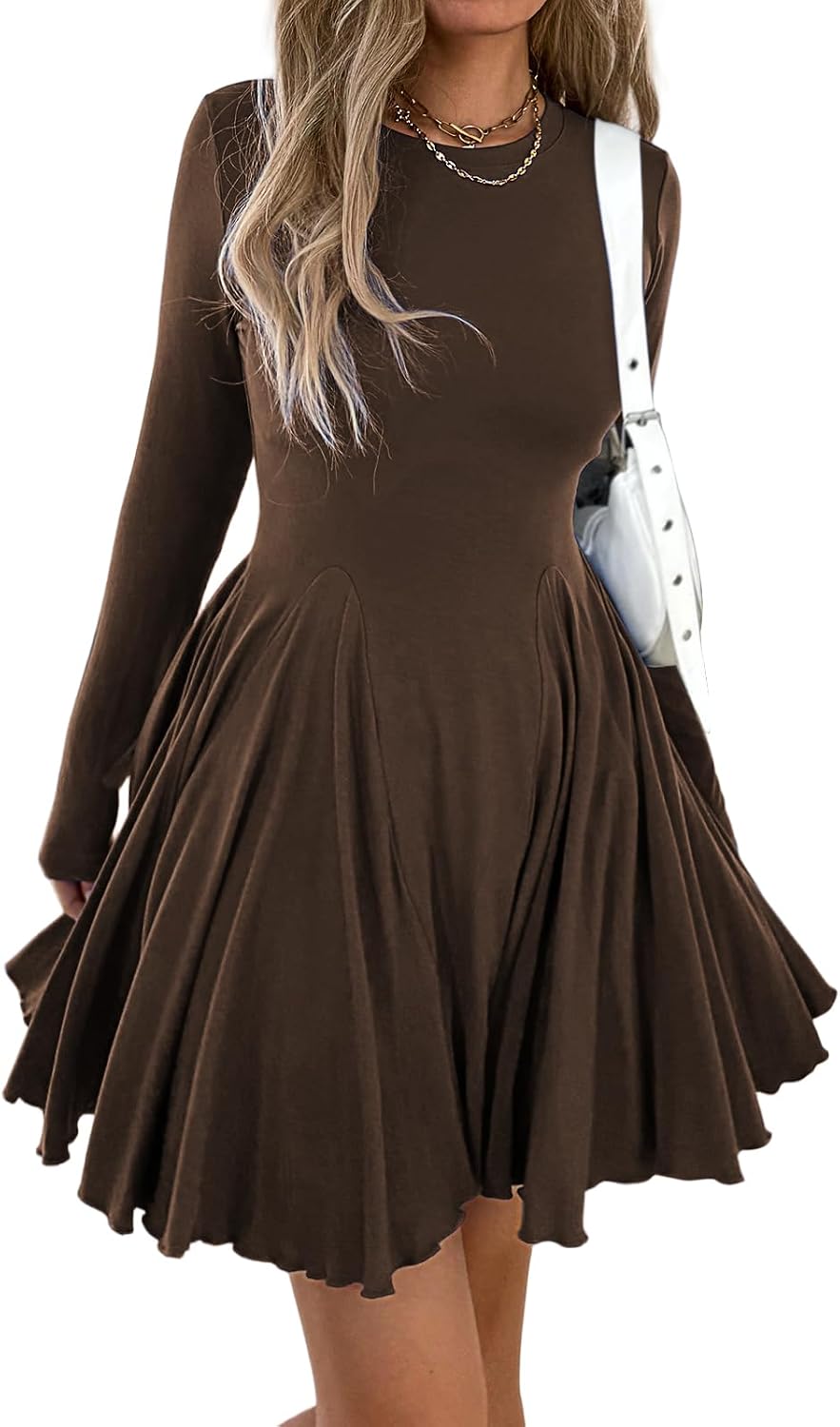 Mieazom Women\u2019s Long Sleeve Casual Swing Dress \u2013 A-Line Fit and Flare Skater Dress, Stretchy Mini Dress for Fall Winter