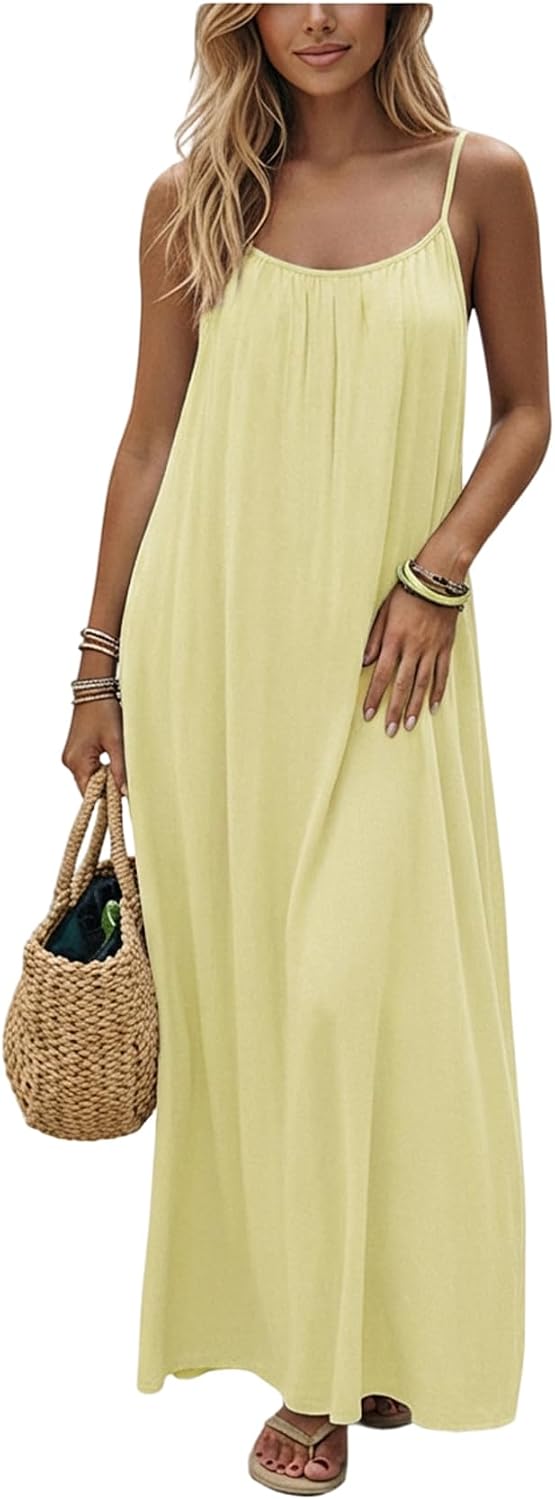 SHENHE Women's Open Back Spaghetti Strap Backless Maxi Dress Flowy Sundress | Backless Maxi Dress,Backless Cami Dress,Linen Dress.Cami Lounge Dress, House Dress