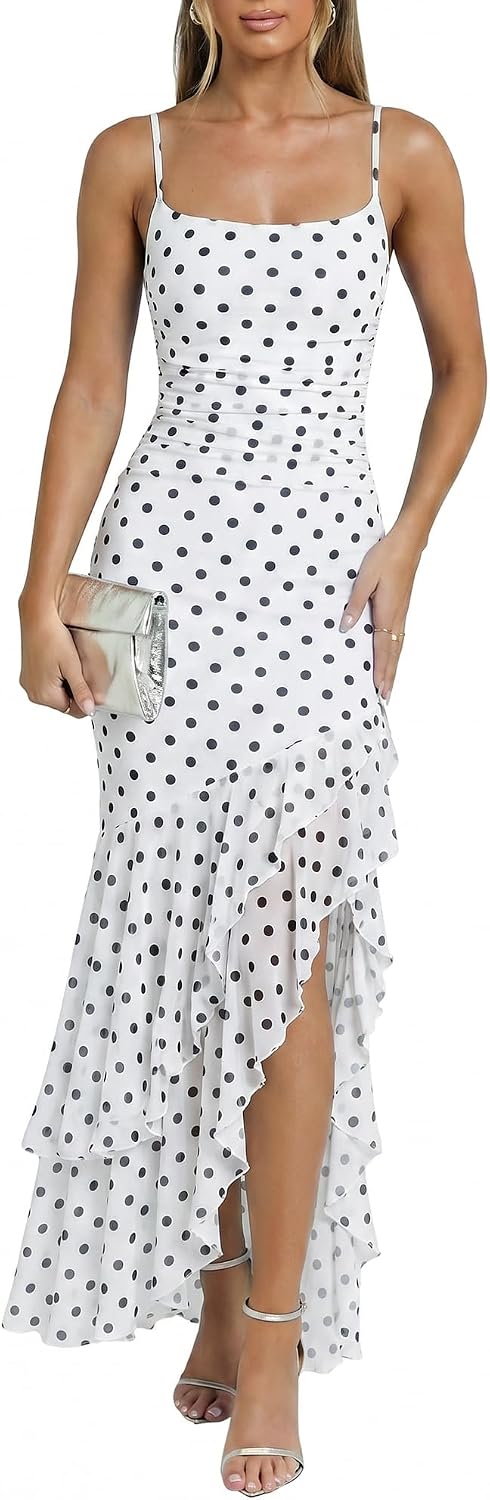 Kaximil Women's Elegant Ruffle Formal Wedding Guest Maxi Dress | Sexy Spaghetti Strap Ruched Bodycon Ruffle Mermaid Cocktail Party Dresses