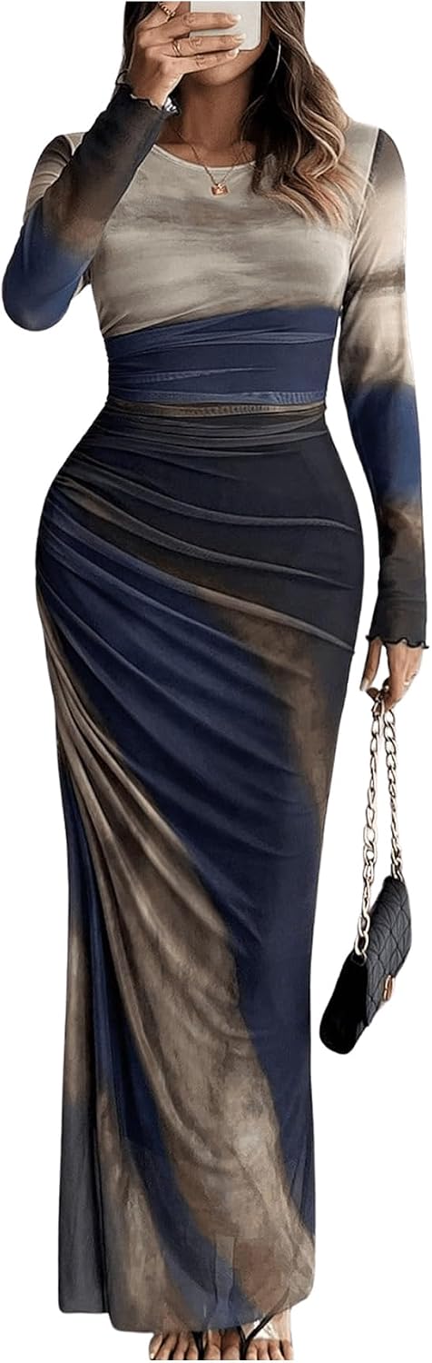 BEAUDRM Women's Fall Wedding Guest Dress Long Sleeve Cocktail Date Night Sexy Y2K Bodycon Ruched Mesh Formal Maxi Dresses