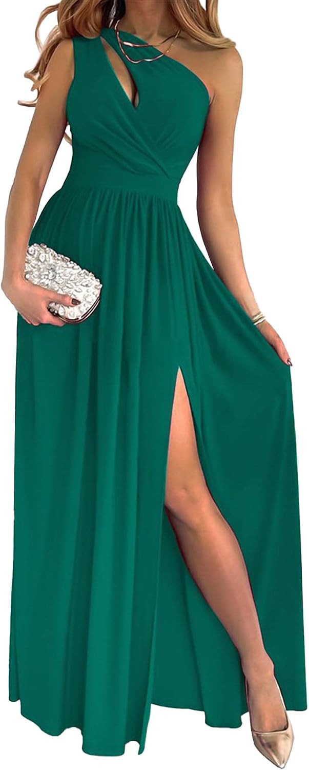 ECDAHICC Women's Sexy One Shoulder Cutout Pleated Maxi Dress Sleeveless High Slit Formal Evening Party Bridesmaid Dresses