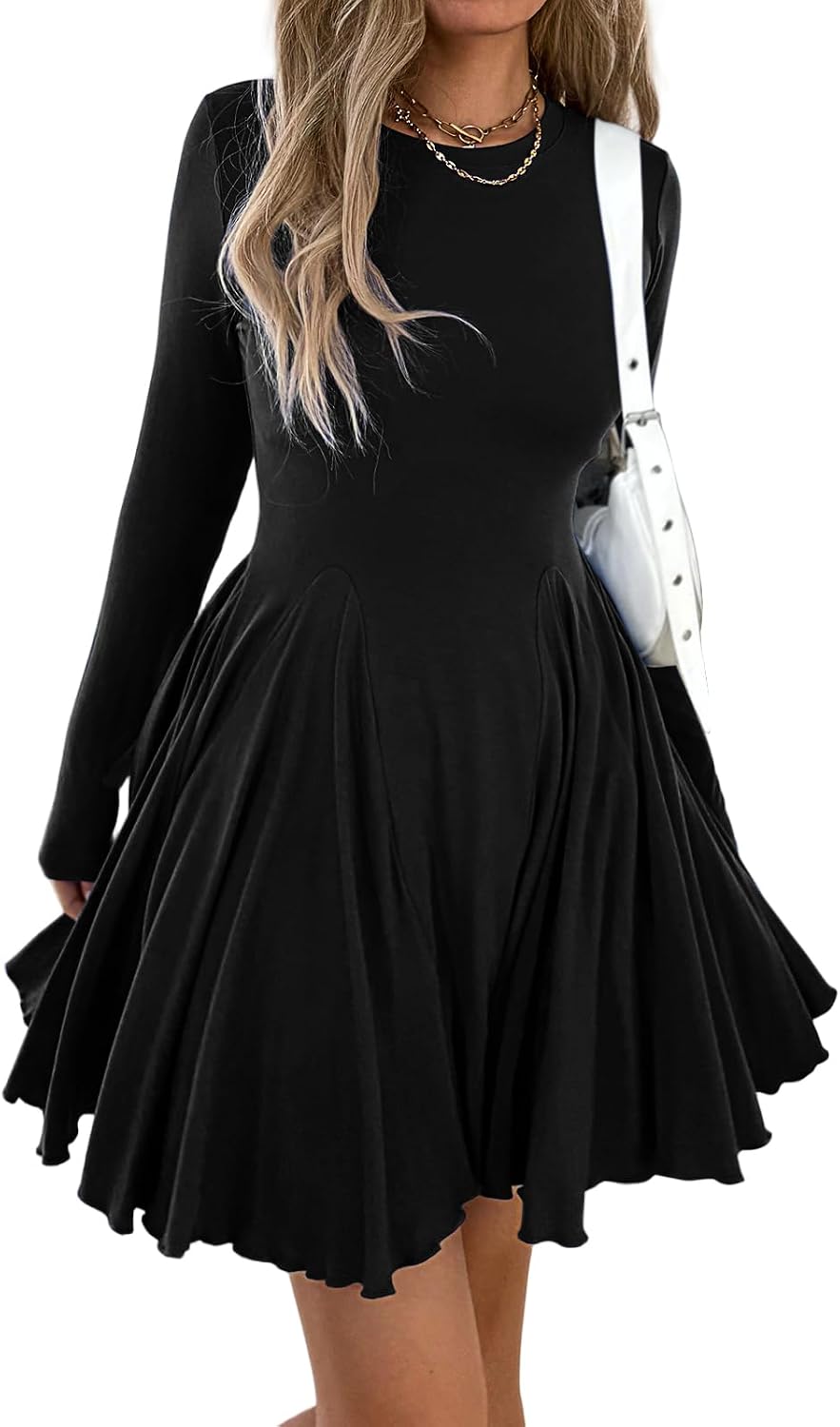 Mieazom Women\u2019s Long Sleeve Casual Swing Dress \u2013 A-Line Fit and Flare Skater Dress, Stretchy Mini Dress for Fall Winter