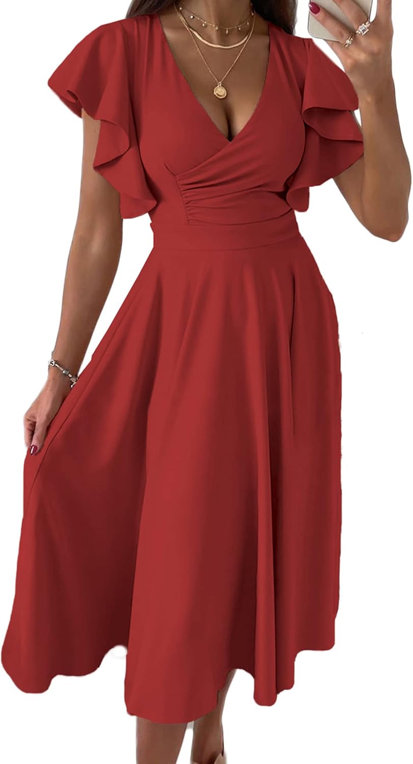 PRETTYGARDEN Women's Wrap V Neck Midi Summer Dresses | Ruffled Flutter Sleeves, Flowy Pleated A Line, High Waist, Elegant Spring Dress for Wedding Guest, Cocktail Party, Date Night