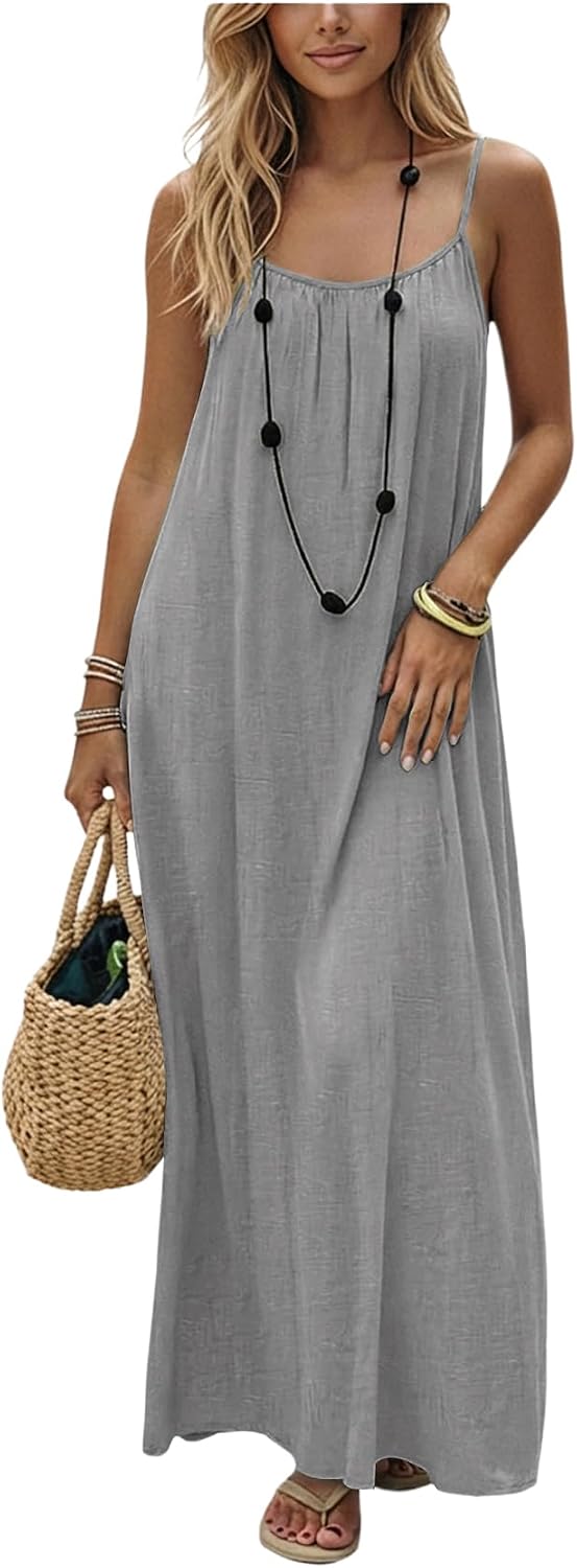 SHENHE Women's Open Back Spaghetti Strap Backless Maxi Dress Flowy Sundress | Backless Maxi Dress,Backless Cami Dress,Linen Dress.Cami Lounge Dress, House Dress