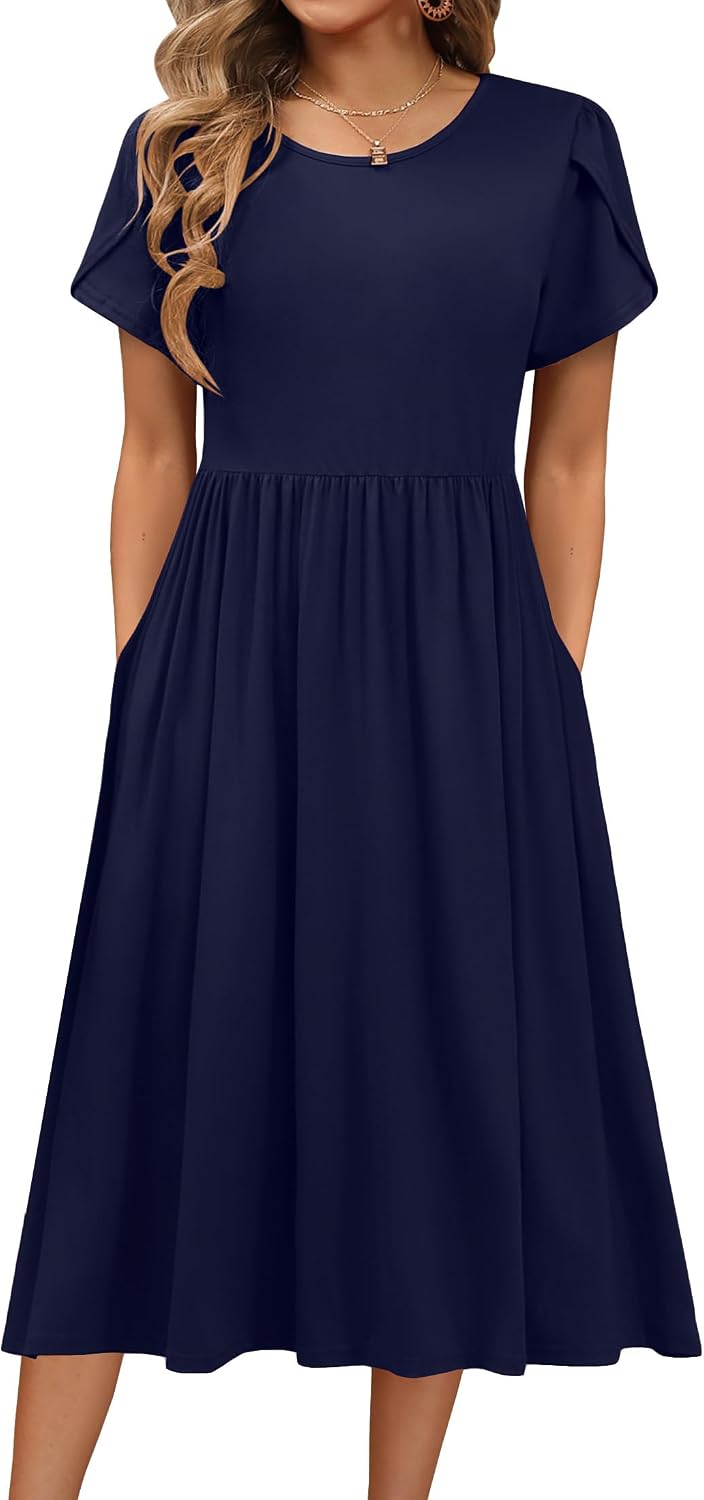 HOTOUCH Women's Summer A-Line Midi Dresses 2026 Casual Floral Short Sleeve T-Shirt Dress Flowy Beach Sundress with Pockets