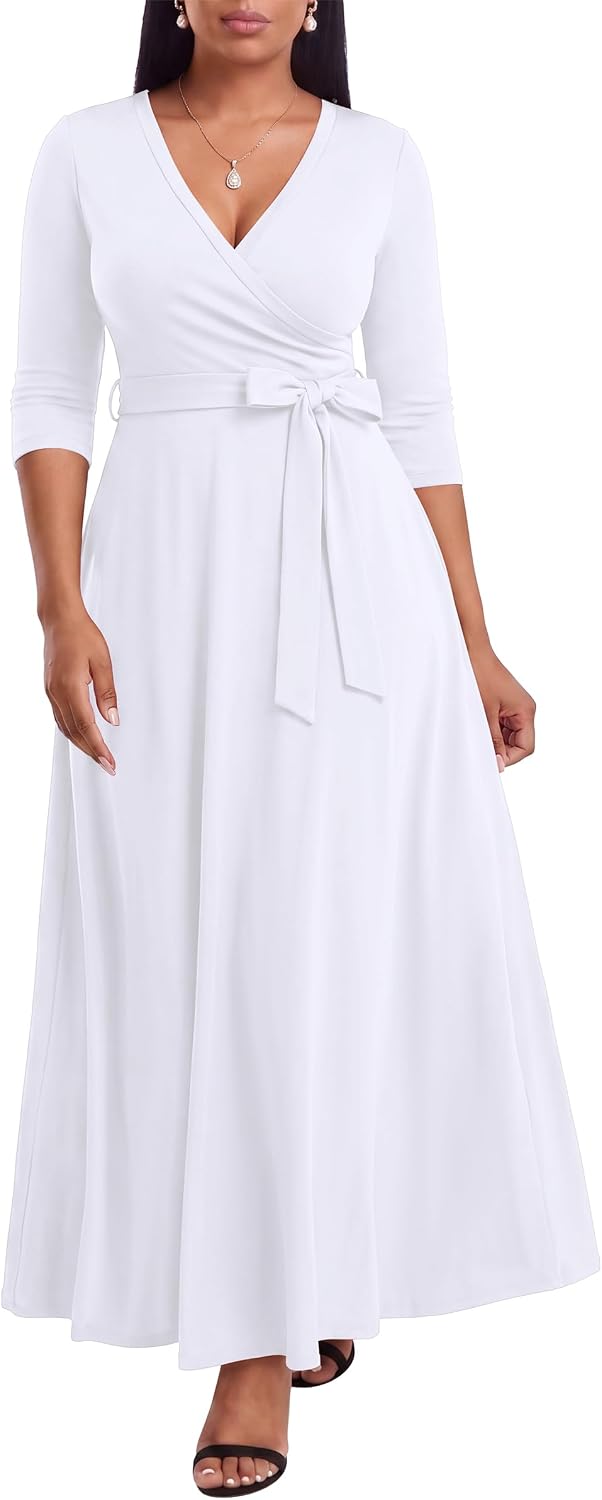 FANDEE Plus Size Maxi Dress for Women - Summer Long Dresses Casual | Women's Curvy Fit Long Dress, Semi\u2011Formal Print Fitted Wrap Dress with Pockets & Belt, 3\/4-Sleeve V-Neck
