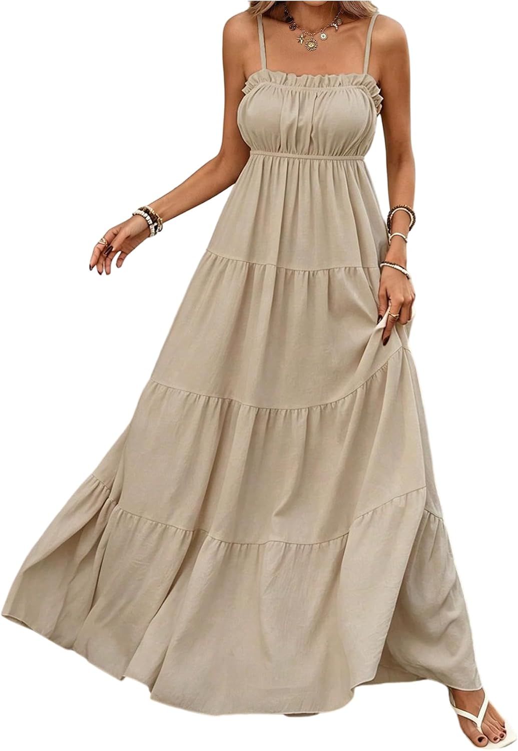 SOLY HUX Women's Summer Long Maxi Dress Flowy Beach Vacation Cami Sundress | Frill Ruffle, Spaghetti Strap, Going Out Dresses