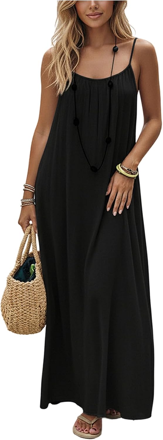 SHENHE Women's Open Back Spaghetti Strap Backless Maxi Dress Flowy Sundress | Backless Maxi Dress,Backless Cami Dress,Linen Dress.Cami Lounge Dress, House Dress