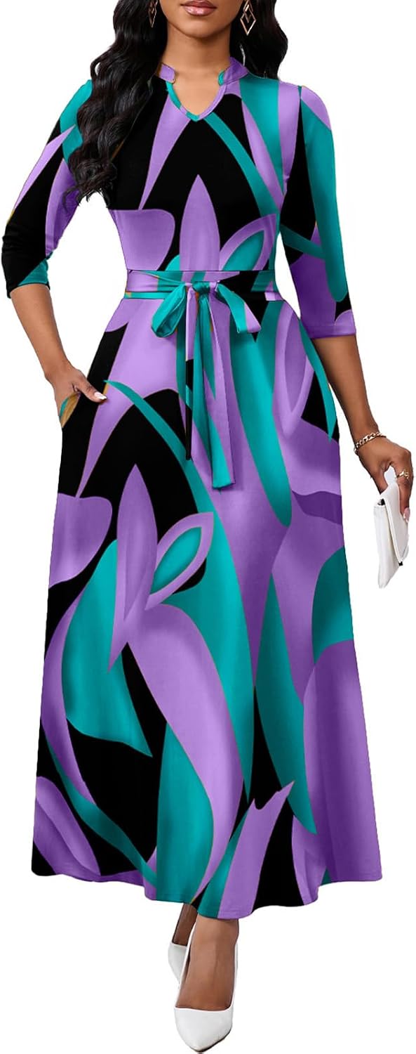 BubFee Maxi Dresses for Women Semi Formal Long Dress 3\/4 Sleeve Casual A-line Church Dresses with Pockets